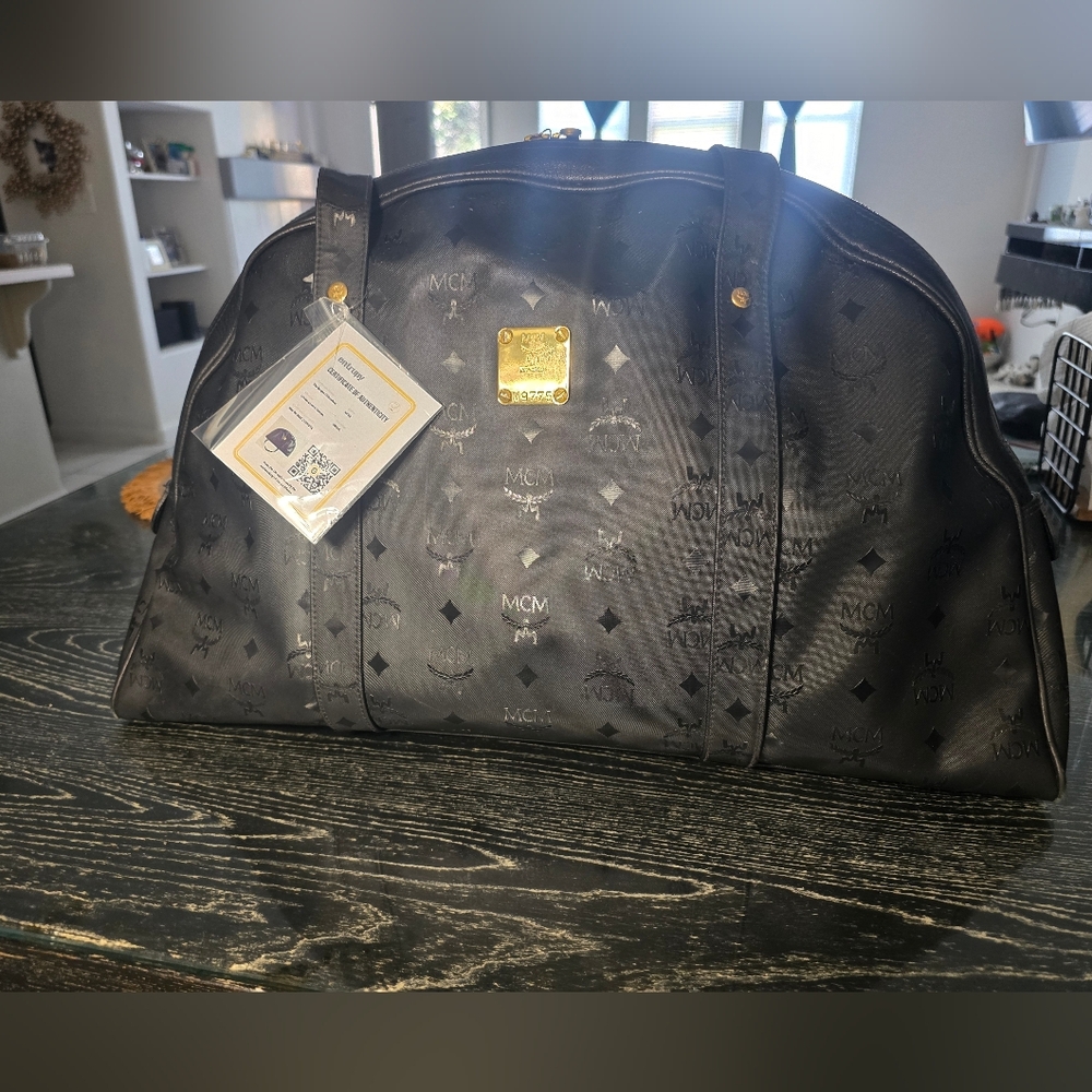 MCM Black Nylon Visetos Logo Dome Satchel with Gold Plaque
